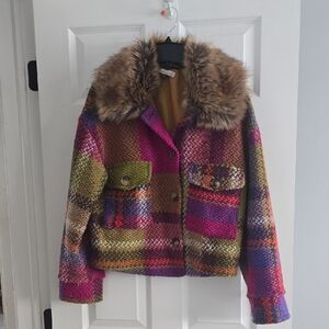 La Fiorentina Multicolor Plaid Teddy Jacket with Faux Fur Collar